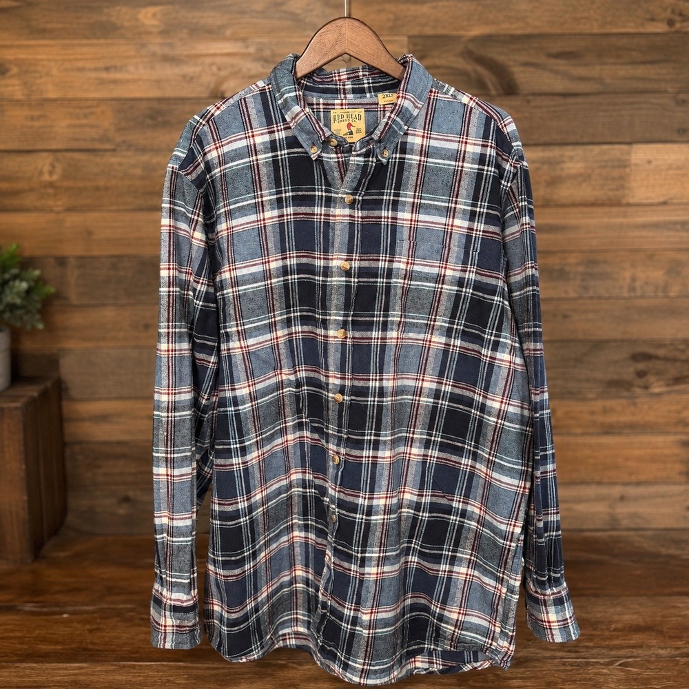 Red Head Brand Co Mens Blue Plaid Flannel Button Down Shirt 2XLT Long Sleeve